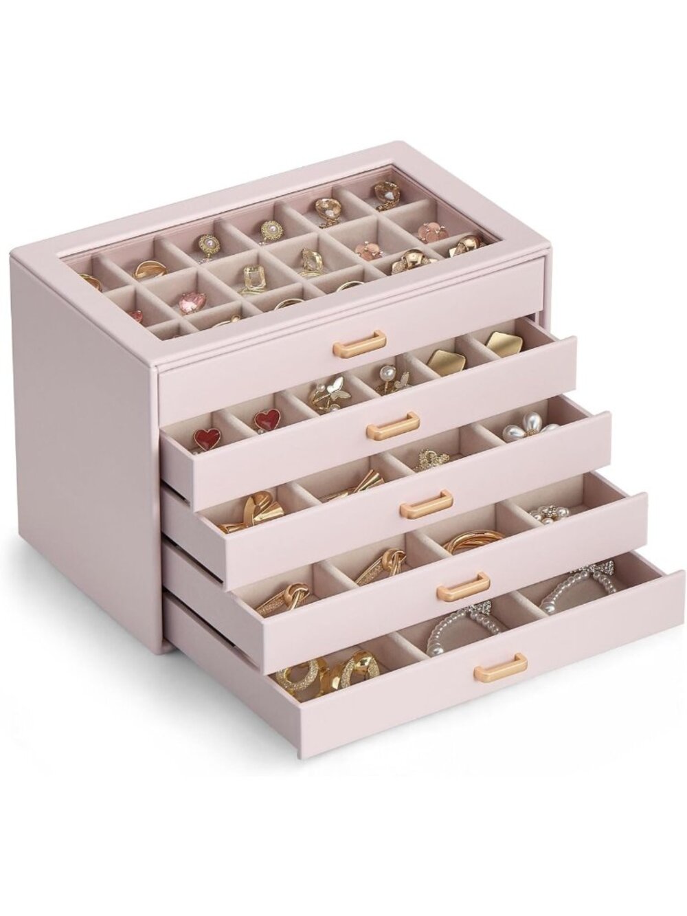 5-Layer Jewelry Organizer Box with Clear Lid - Pink Earring Storage Solution